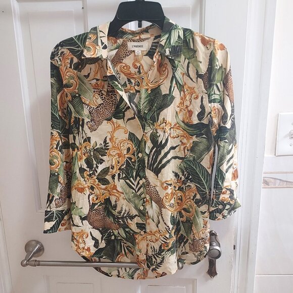 L'AGENCE Camille 3/4 Jungle Safari Cheetah Sleeve Blouse
